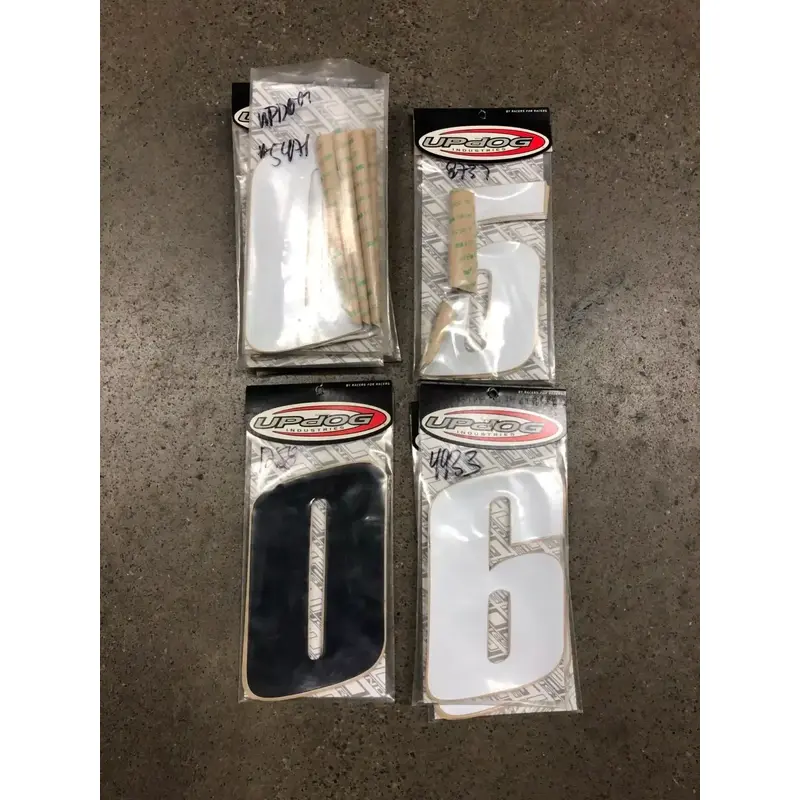 UPDOG NUMBER PLATE FENDER DECALS STICKERS MAILBOX 7" WHITE BLACK 6/0/5 LOT 35