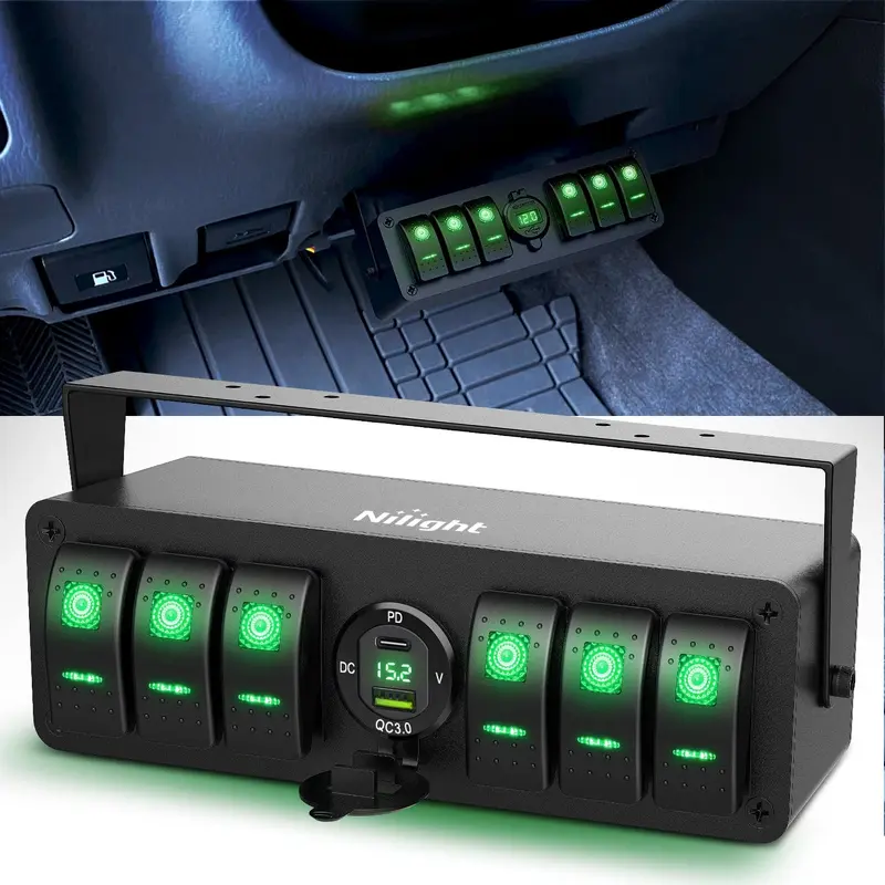 6Gang Aluminum ON/Off Rocker Switch Box w/ QC 3.0 Dual USB Charger Voltmeter