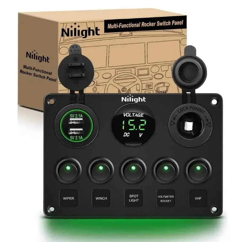 5Gang Green Rocker Switch Panel w/ Dual USB Voltmeter Fuse