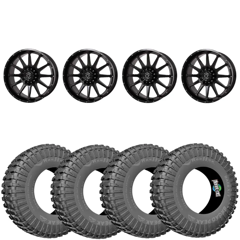 Frontline 762 Wheels Gloss Black 4/110 on Broad Peak Baer XT 8 ply radial tires