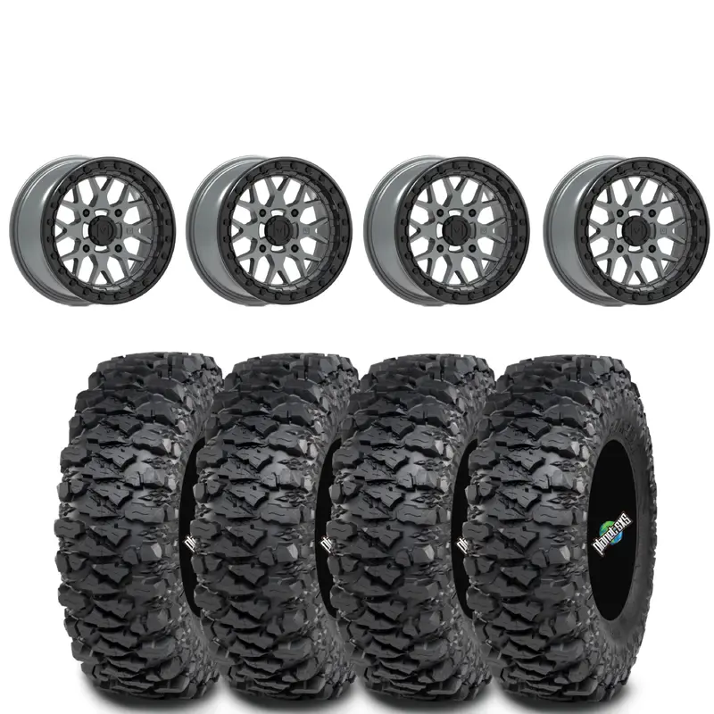 Valor Offroad V07 Satin Graphite Beadlocks on ITP Savage XT Tires  4/137 Bolt Pattern