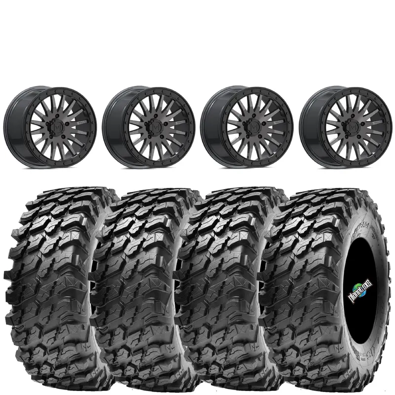 VALOR OFFROAD V06 BRUSHED GUNMETAL BEADLOCKS ON MAXXIS RAMPAGE