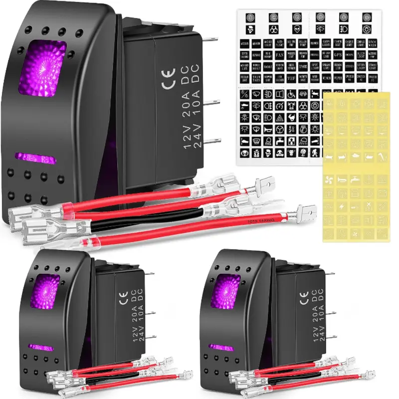 3Pcs 5Pin SPST On/Off Rocker Switch Purple