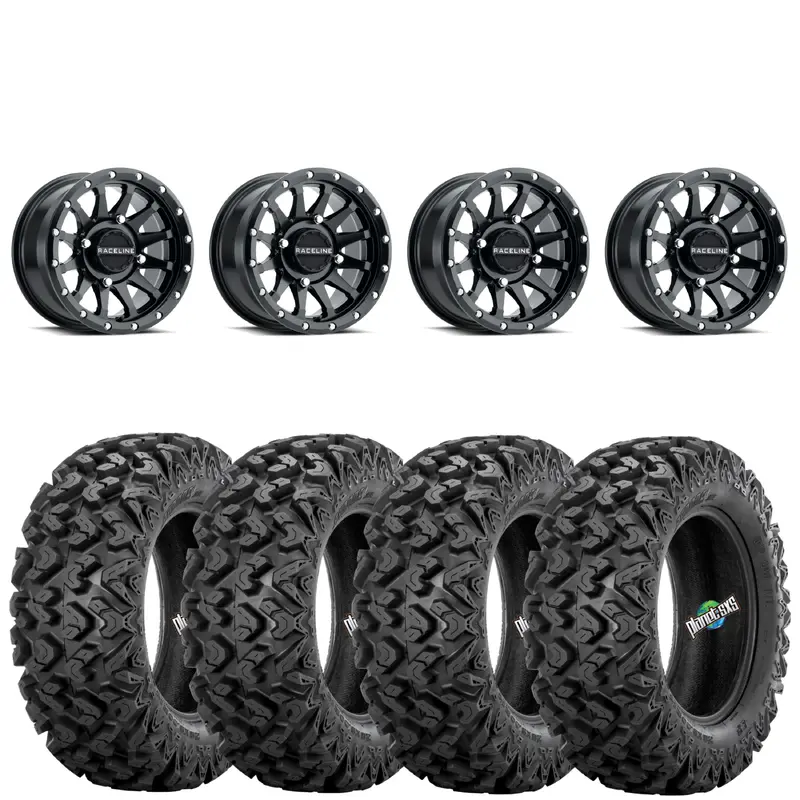 Raceline A95B Trophy Satin Black 4/156 wheels mounted on Sedona Rip Saw RT