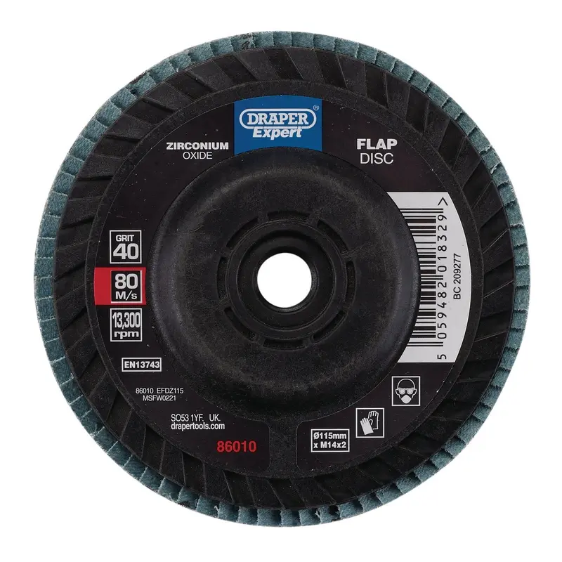 Draper Expert Zirconium Oxide Flap Disc, 115mm, M14, 40 Grit - EFDZ115