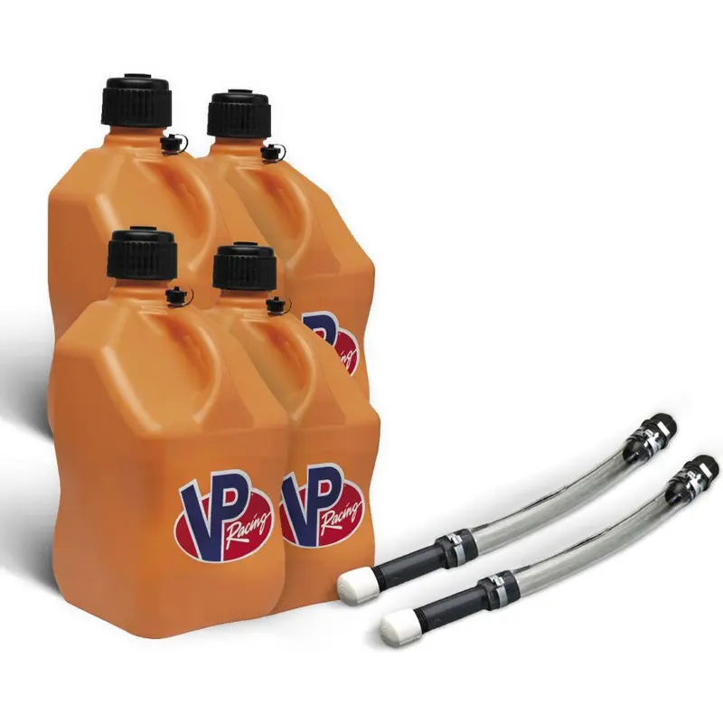 VP Racing 4 Pack Orange 5.5 Gallon Square Utility Jugs + 2 Deluxe Fill Hoses